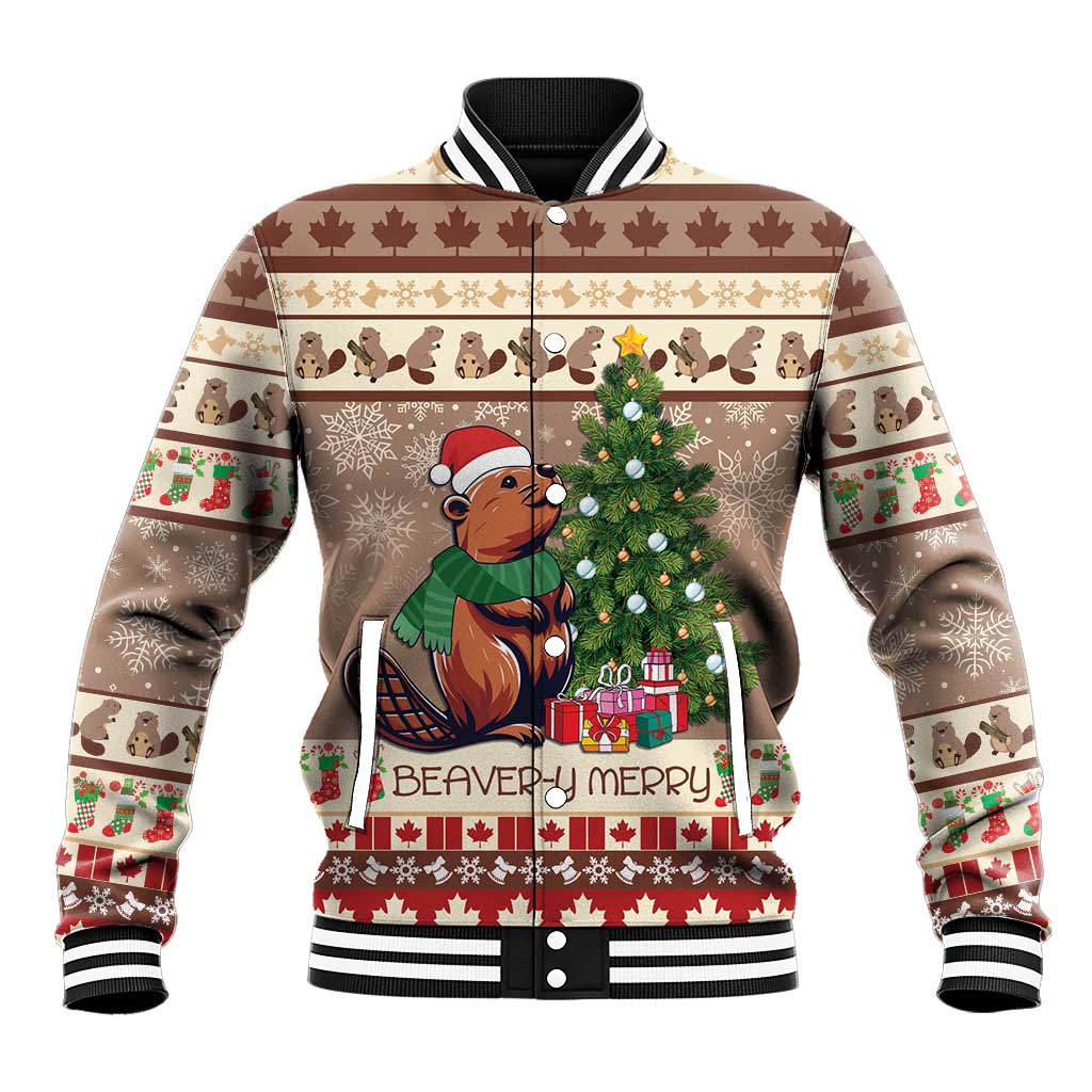 Brown holiday beaver baseball jacket with striped collar, cuffs, and button front