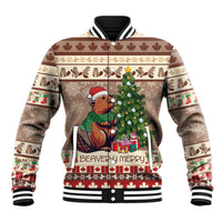 Brown holiday beaver baseball jacket with striped collar, cuffs, and button front