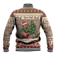 Brown holiday beaver baseball jacket, back shows tree, gifts, and striped band hem