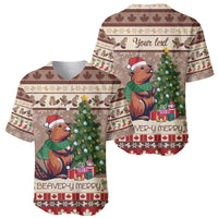 Two beaver-themed Christmas baseball jerseys, front and back views, brown patterned