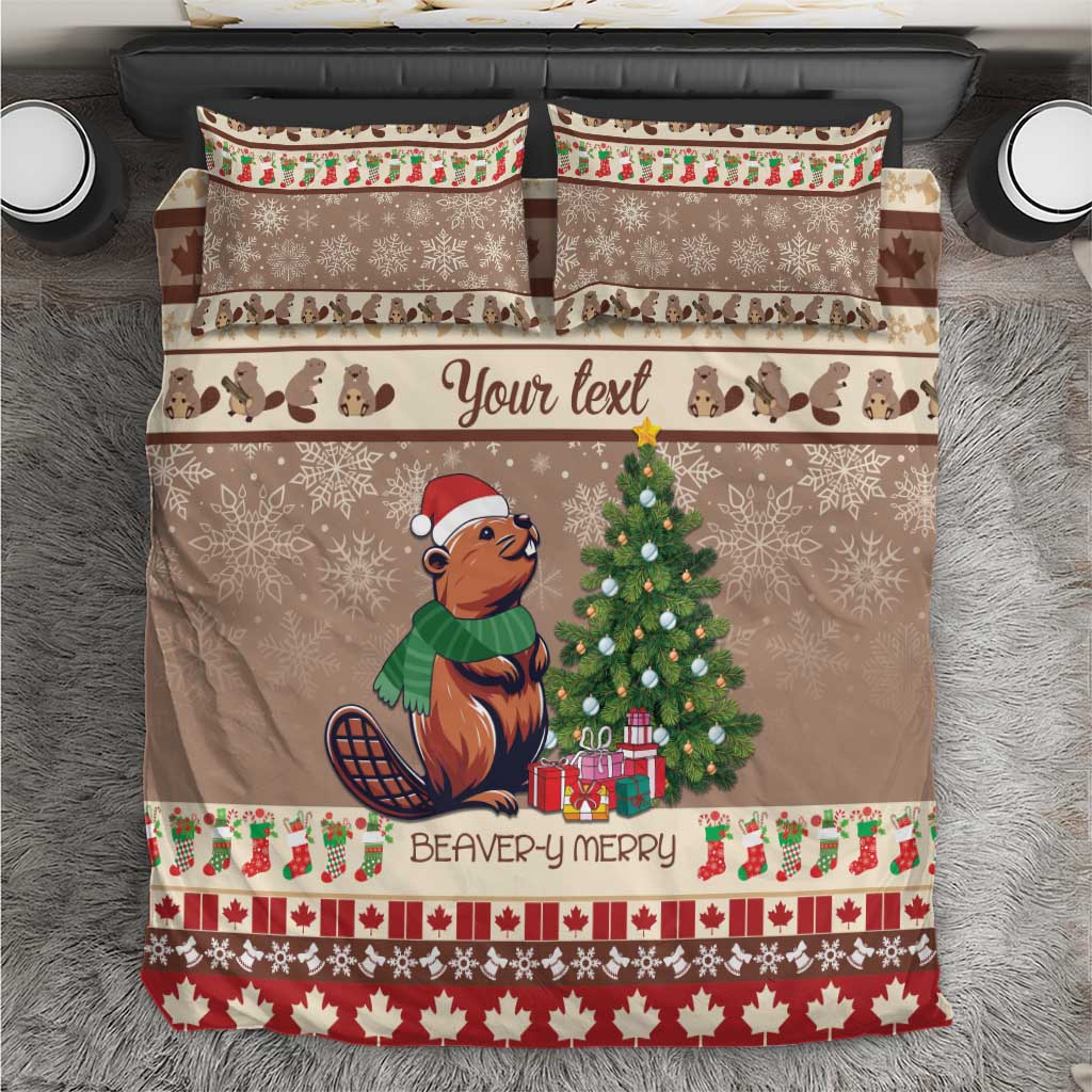 Beaver-themed bedding set with brown duvet and matching pillowcases, festive trim