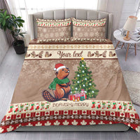 Beaver-themed bedding set, brown duvet with 'Your text' ribbon and festive borders