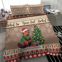 Beaver-themed bedding set with brown duvet, beaver in holiday scarf and Christmas tree