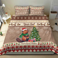 Beaver-themed bedding set with brown duvet, beaver and Christmas tree design, festive border