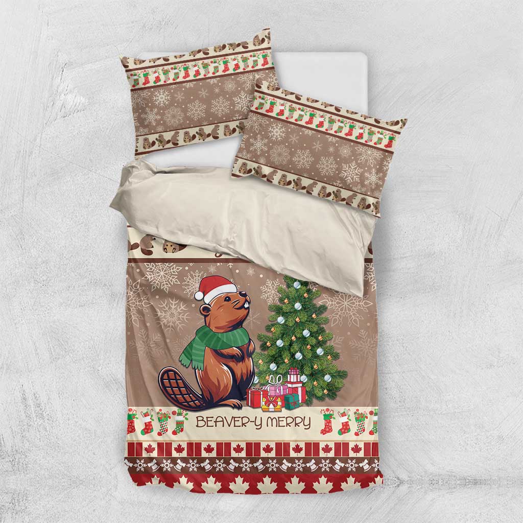Beaver-themed bedding set with brown duvet and pillowcases, beaver holiday artwork