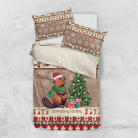 Beaver-themed bedding set with brown duvet and pillowcases, beaver holiday artwork