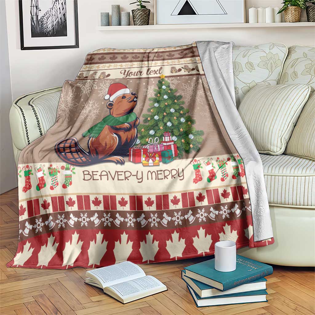 Brown Christmas blanket with beaver, tree, red leaf border, and custom 'Your text' band