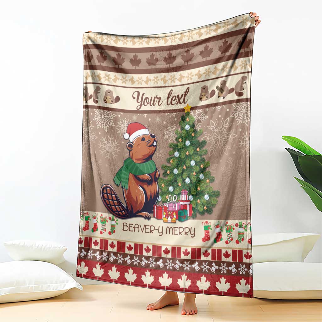 Brown personalized blanket with beaver and Christmas tree, 'Your text' across top