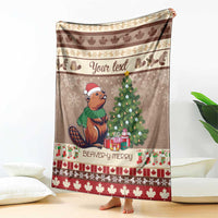 Brown personalized blanket with beaver and Christmas tree, 'Your text' across top
