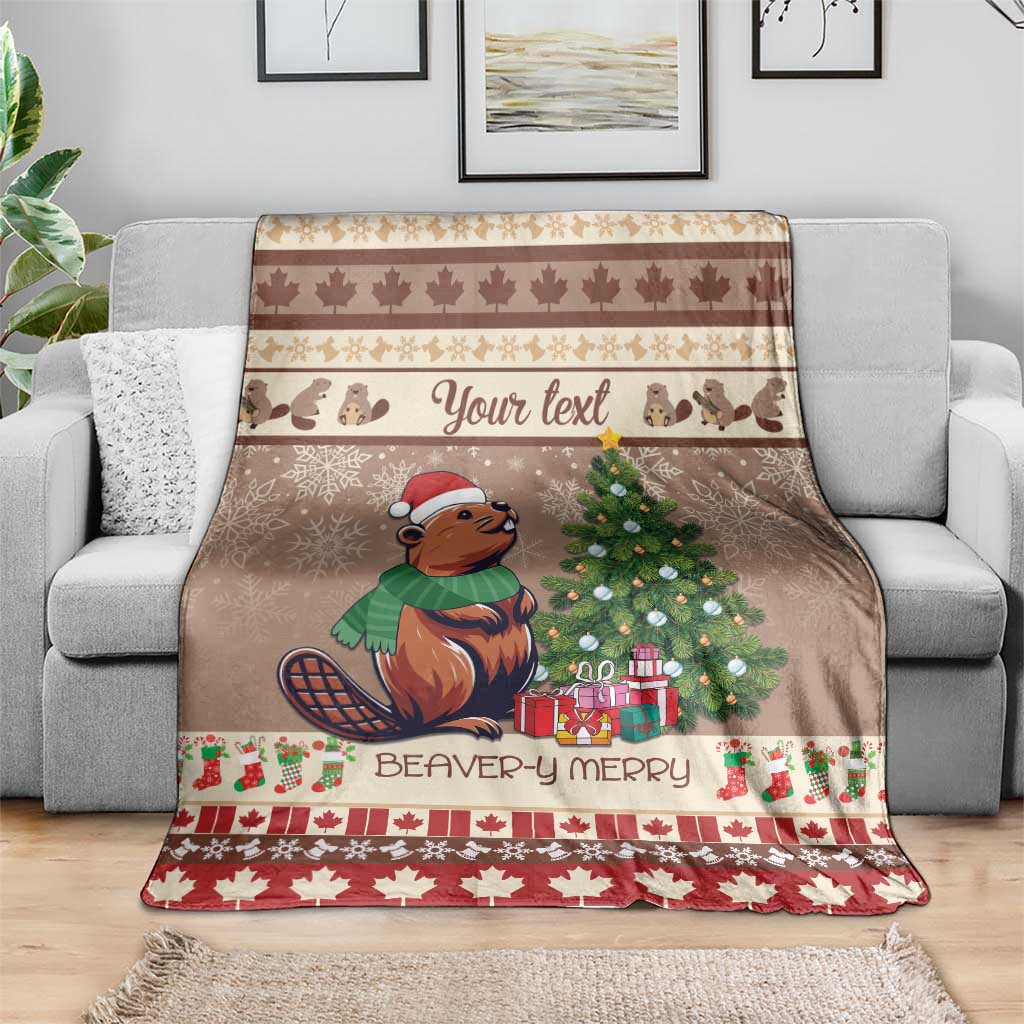 Brown Christmas throw blanket with beaver, pine tree, custom text strip, red patterned hem