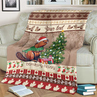Brown beaver Christmas blanket draped on couch with custom 'Your text' band and red hem