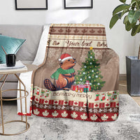 Brown Christmas blanket with beaver and tree, custom text strip, red maple-leaf border