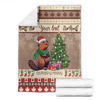 Brown folded Christmas blanket set with beaver, tree, custom 'Your text' strip, red trim