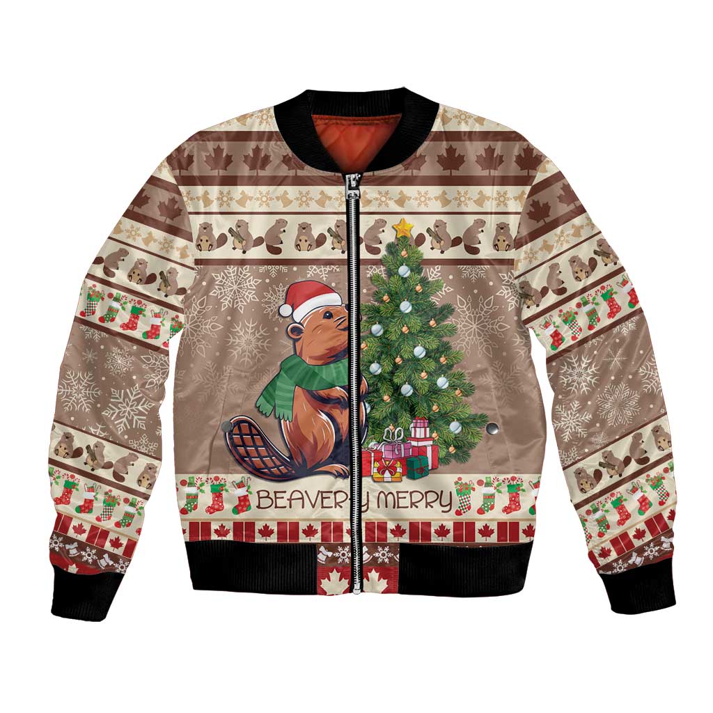 Brown bomber jacket with front beaver graphic, Christmas tree and ribbed knit cuffs