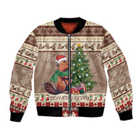 Brown bomber jacket with front beaver graphic, Christmas tree and ribbed knit cuffs