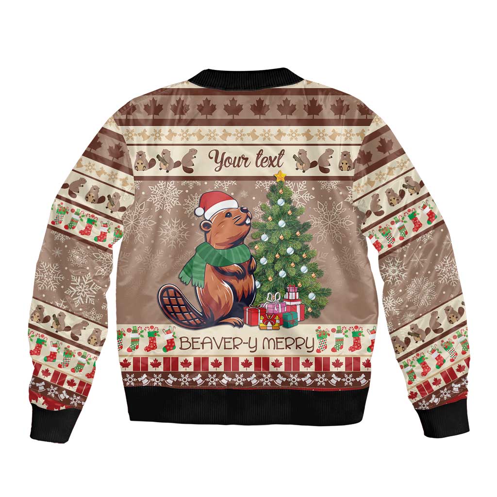 Brown bomber jacket with back beaver graphic, Christmas tree, ribbed hem and cuffs