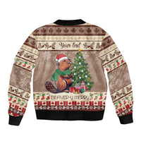 Brown bomber jacket with back beaver graphic, Christmas tree, ribbed hem and cuffs