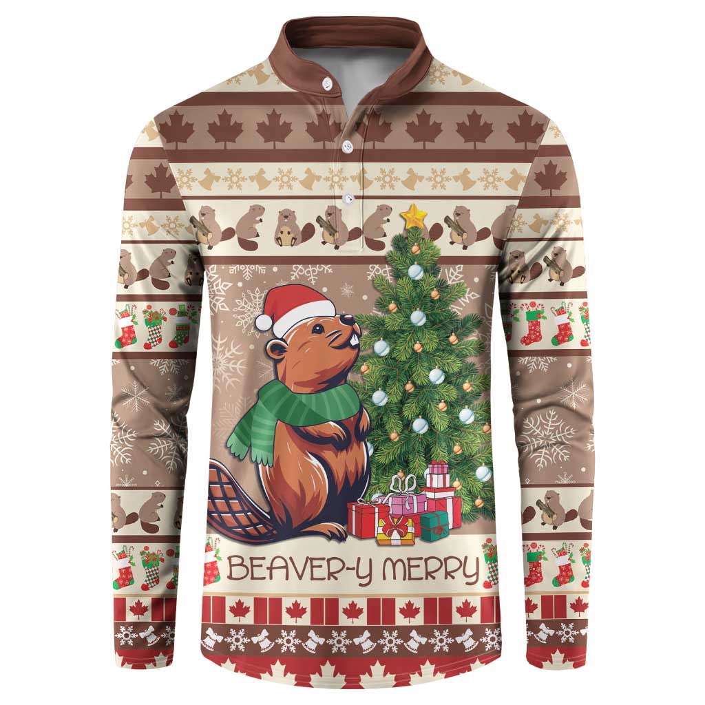 Men's brown button-front sweatshirt with beaver holding star and Christmas tree