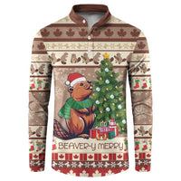 Men's brown button-front sweatshirt with beaver holding star and Christmas tree