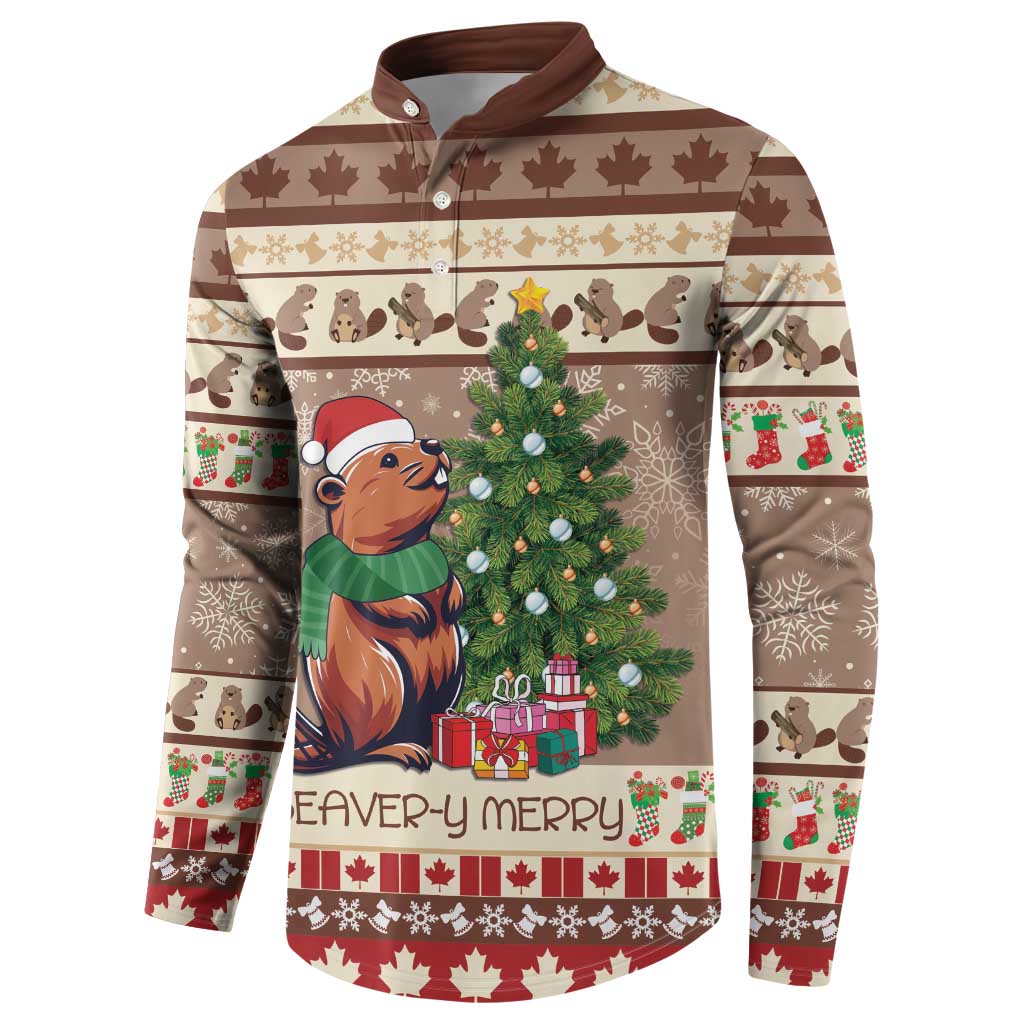 Men's brown button-front sweatshirt with beaver graphic, Christmas tree, and festive border