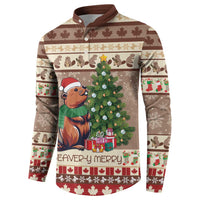 Men's brown button-front sweatshirt with beaver graphic, Christmas tree, and festive border