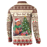 Men's brown button-front sweatshirt, rear view with beaver, Christmas tree, and holiday pattern
