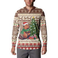 Men's brown button-front sweatshirt with beaver graphic and Christmas tree, shown on model