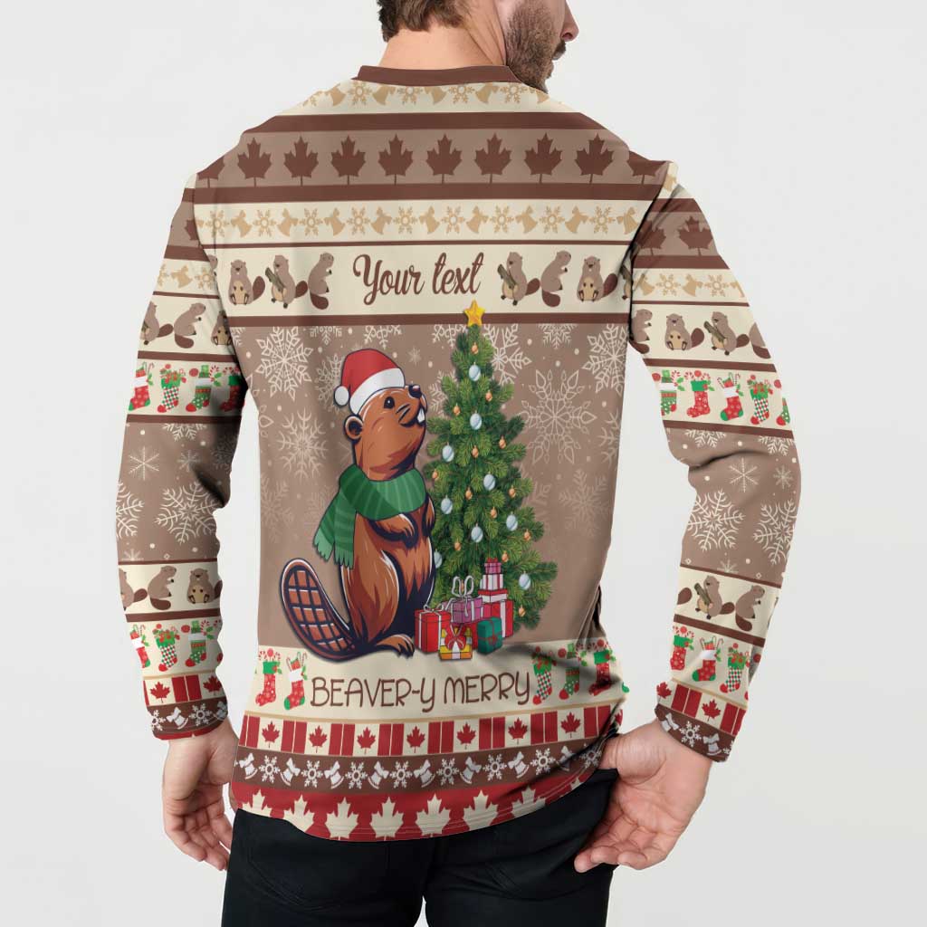 Men's brown button-front sweatshirt, back view with beaver, Christmas tree, and gift graphics