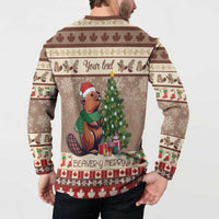 Men's brown button-front sweatshirt, back view with beaver, Christmas tree, and gift graphics