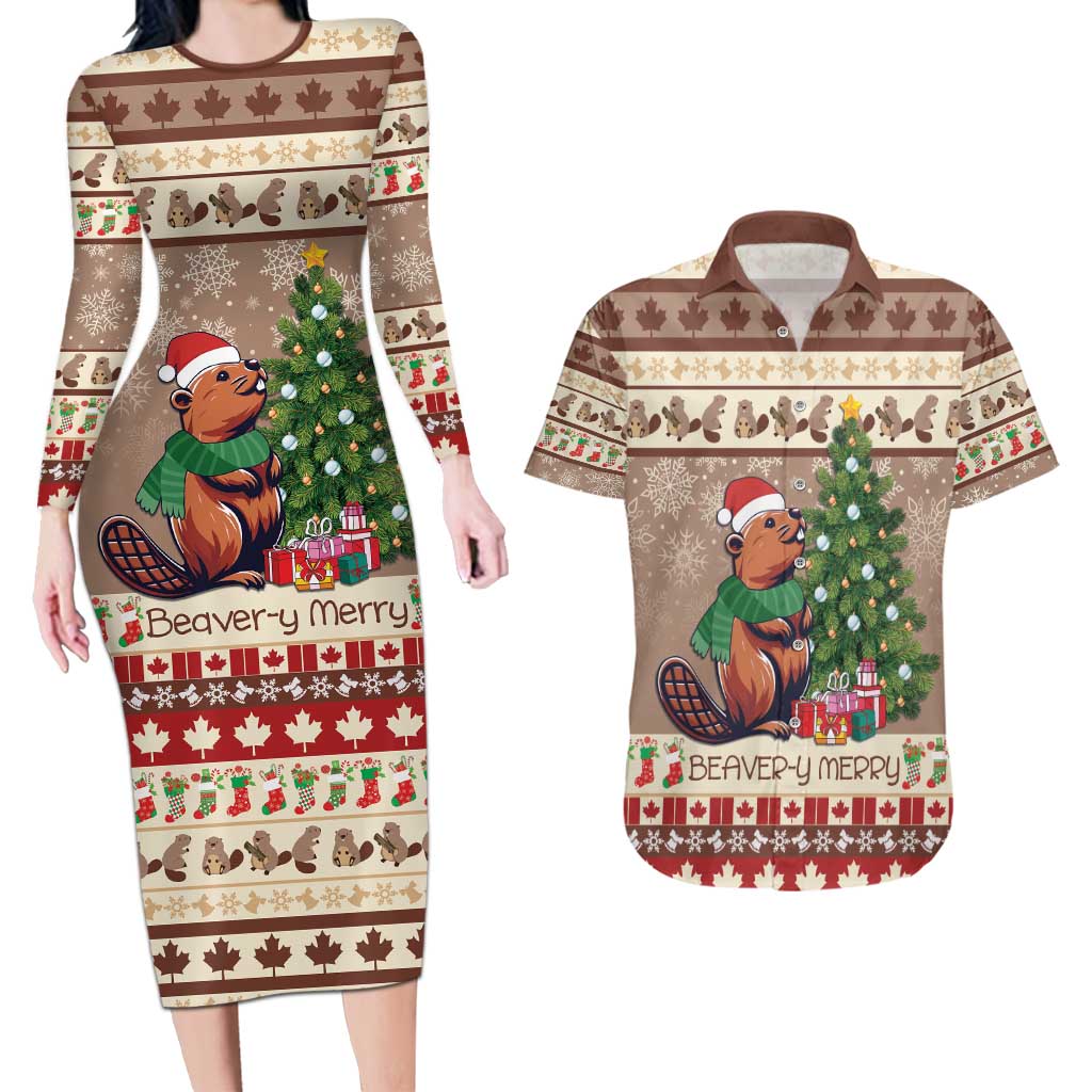 Personalized Beaver-y Merry Couples Matching Long Sleeve Bodycon Dress and Hawaiian Shirt Canada Merry Christmas Beavers LT9 - Wonder Print Shop