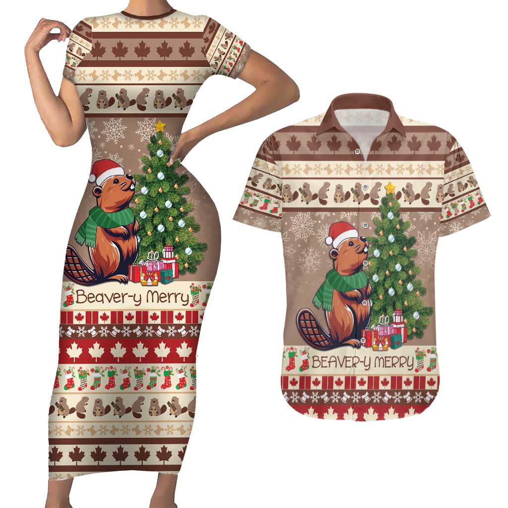 Personalized Beaver-y Merry Couples Matching Short Sleeve Bodycon Dress and Hawaiian Shirt Canada Merry Christmas Beavers LT9 - Wonder Print Shop