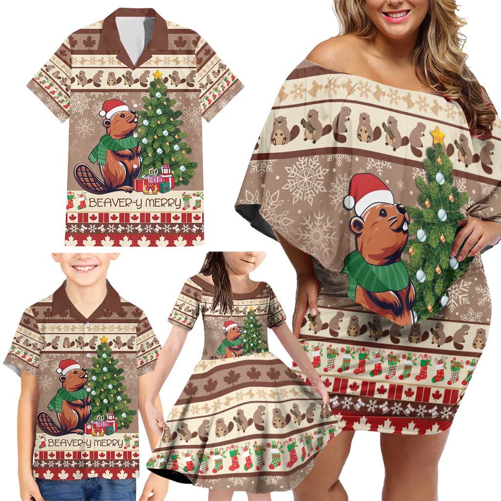 Personalized Beaver-y Merry Family Matching Off Shoulder Short Dress and Hawaiian Shirt Canada Merry Christmas Beavers LT9 - Wonder Print Shop