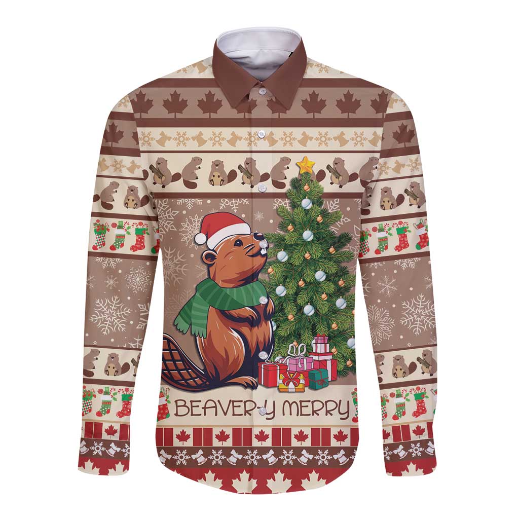Unisex brown long-sleeve button shirt with beaver holiday print and 'BEAVER-y MERRY'