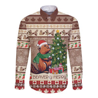 Unisex brown long-sleeve button shirt with beaver holiday print and 'BEAVER-y MERRY'