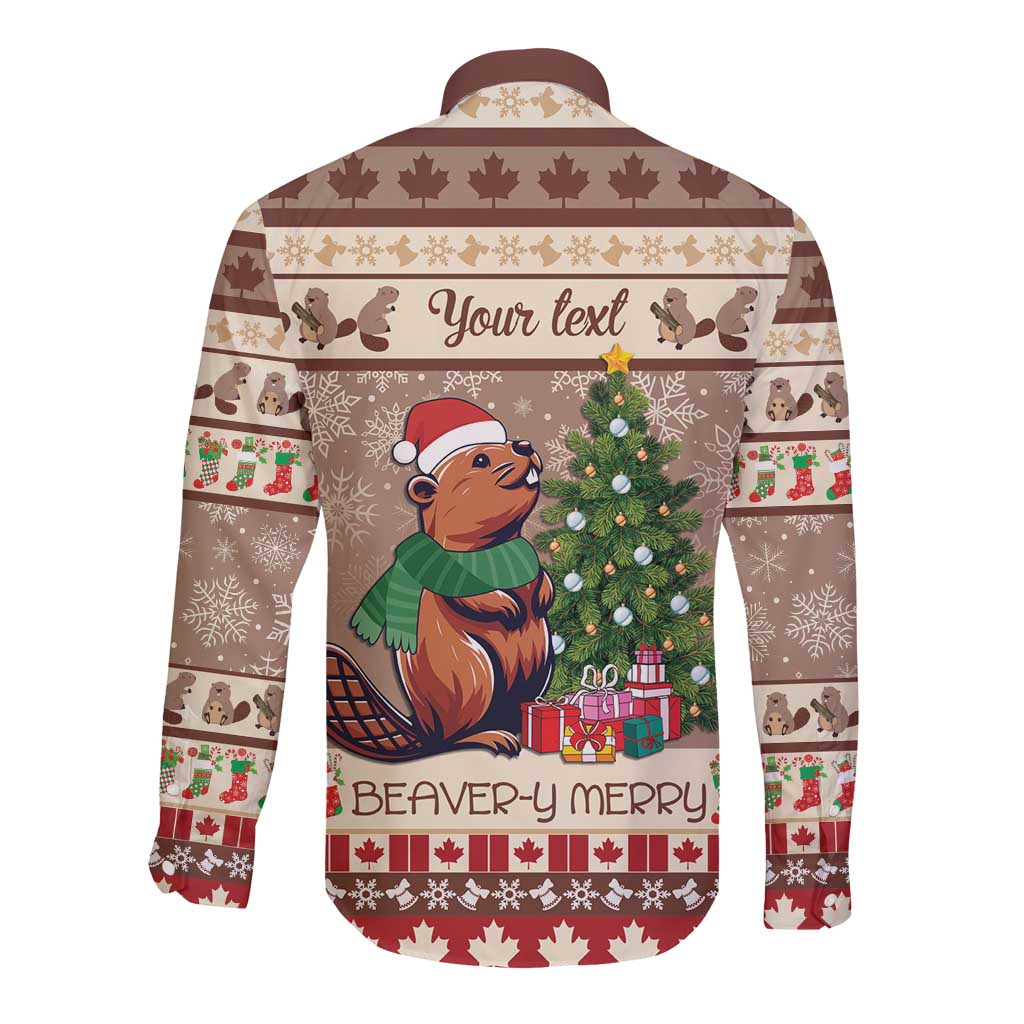 Unisex brown long-sleeve button shirt, back 'Your text' area with beaver holiday print