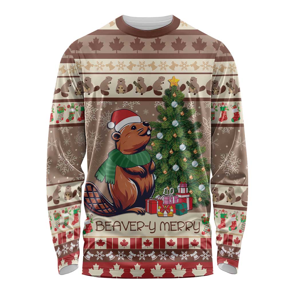 Personalized Beaver-y Merry Long Sleeve Shirt Canada Merry Christmas Beavers - Wonder Print Shop