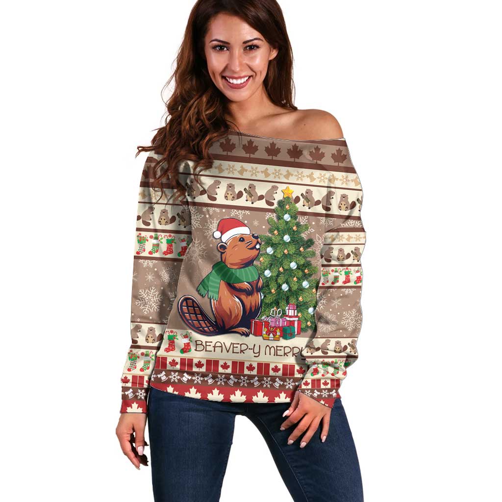 Personalized Beaver-y Merry Off Shoulder Sweater Canada Merry Christmas Beavers - Wonder Print Shop