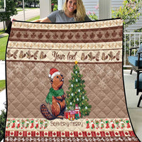 Personalized beaver-themed quilt, brown background with beaver, Christmas tree and border