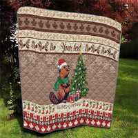 Personalized beaver-themed quilt, brown with beaver in hat and Christmas tree, festive border