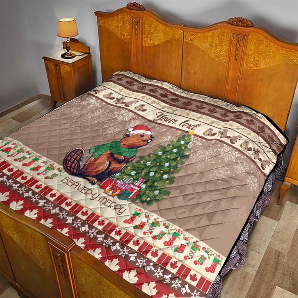 Personalized beaver-themed quilt on bed, brown with beaver, Christmas tree, and red leaf border