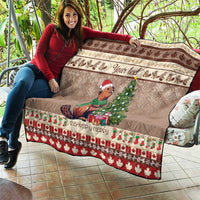 Personalized beaver-themed quilt on patio, brown with beaver, Christmas tree, and red leaf border