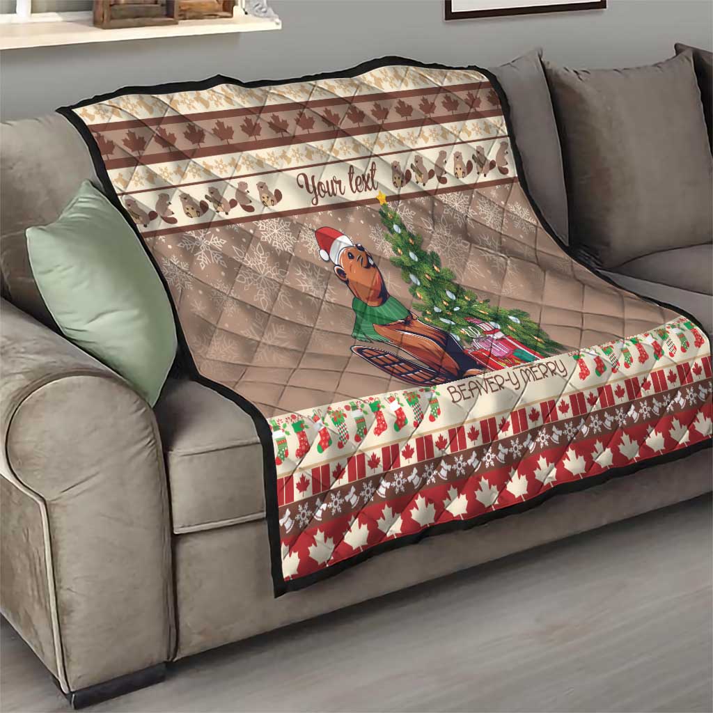Personalized beaver-themed quilt on sofa, brown with beaver, Christmas tree, and red patterned hem
