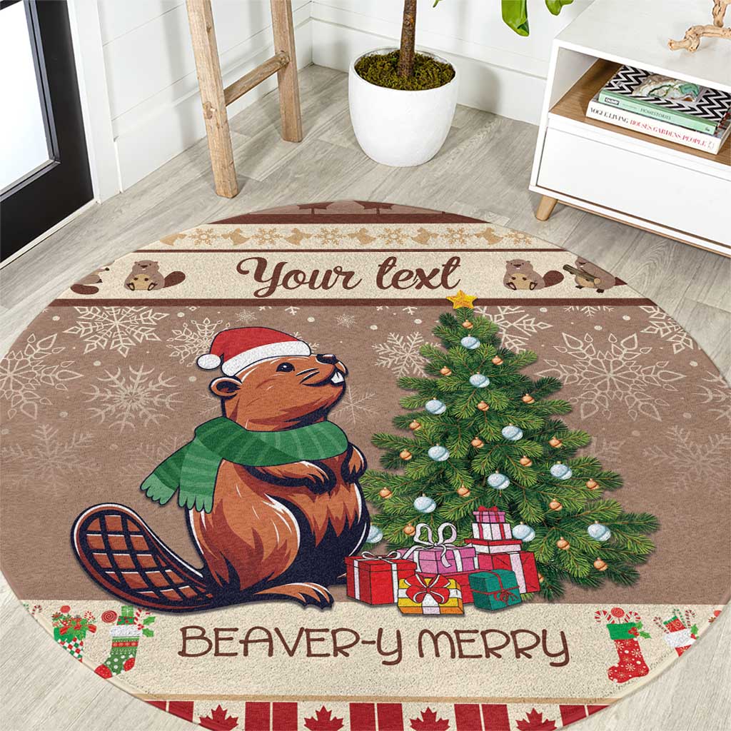 Brown round holiday carpet with beaver, Christmas tree, gifts, and custom text
