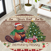 Brown round holiday carpet with beaver, Christmas tree, gifts, and custom text