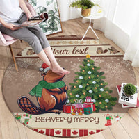 Brown round holiday carpet with beaver, Christmas tree, presents, and custom text