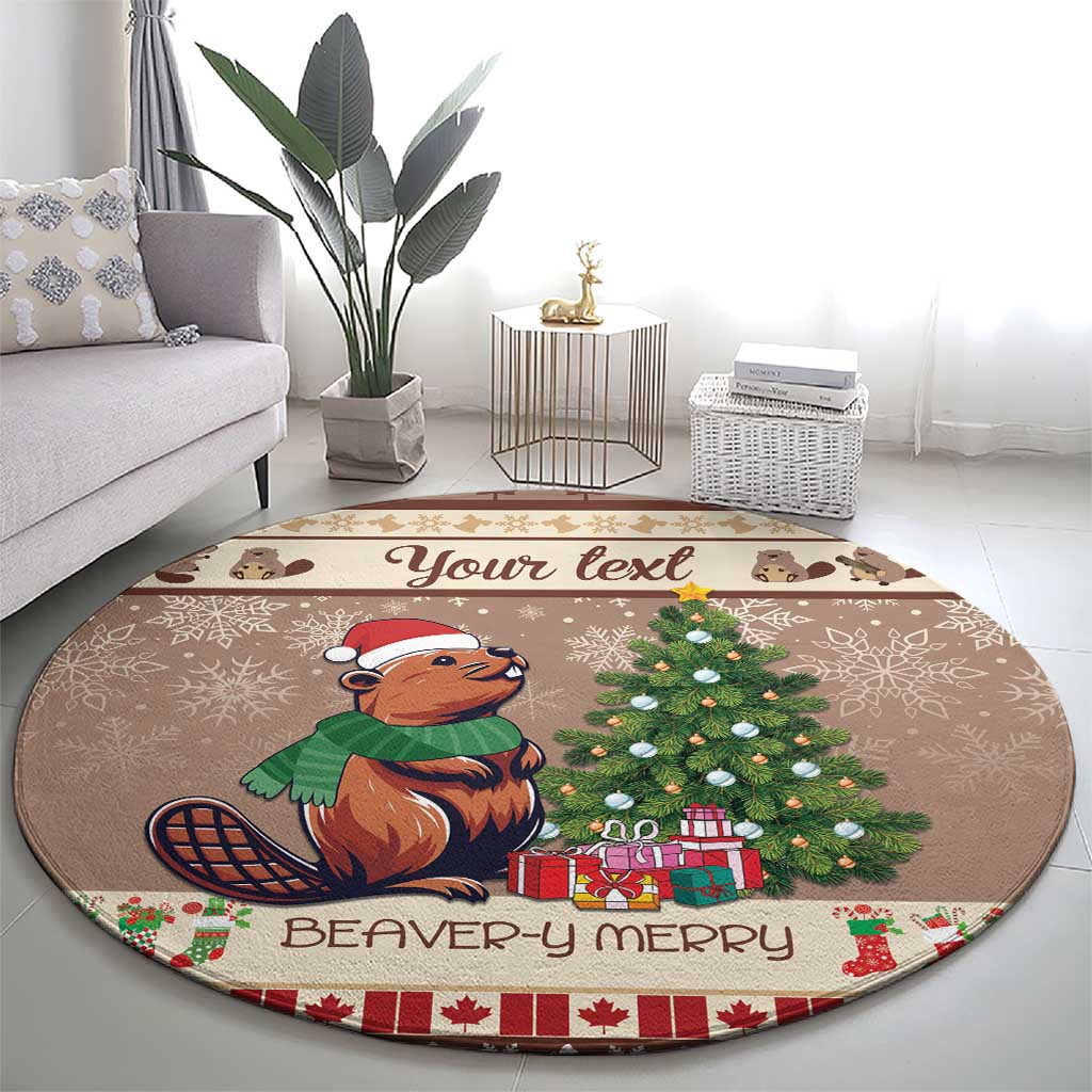 Brown round holiday carpet with beaver, Christmas tree, presents, and BEAVER-y MERRY text