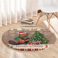 Brown round holiday carpet with beaver, Christmas tree, gifts, and Your text banner