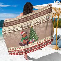Brown personalized Christmas beaver sarong with tree graphic and red holiday border