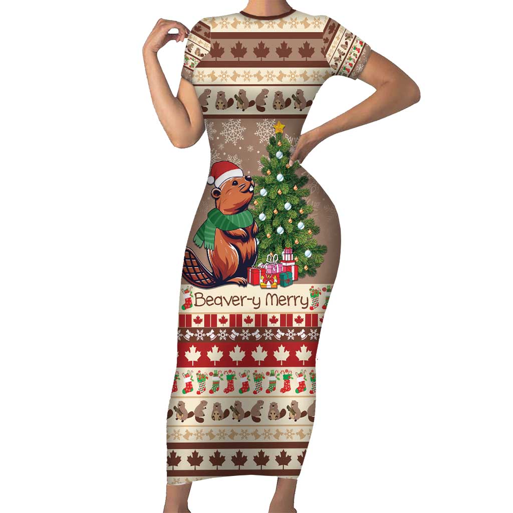 Personalized Beaver-y Merry Short Sleeve Bodycon Dress Canada Merry Christmas Beavers