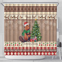 Brown beaver Christmas shower curtain with cartoon beaver and tree, 'Your text' banner.
